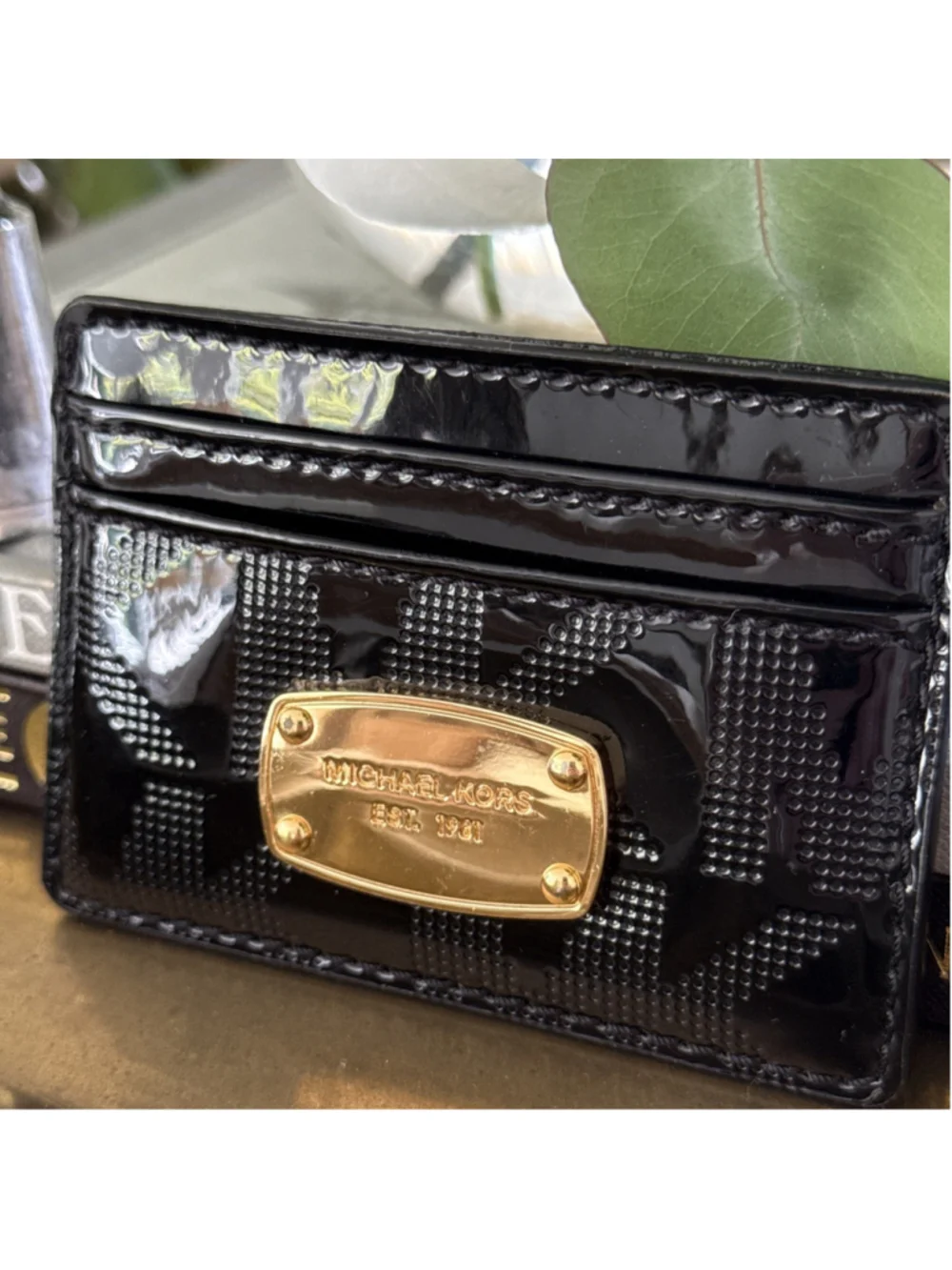 Michael Kors Patent Leather Black Gold applique Card Holder Wallet Money 4 x 2.5